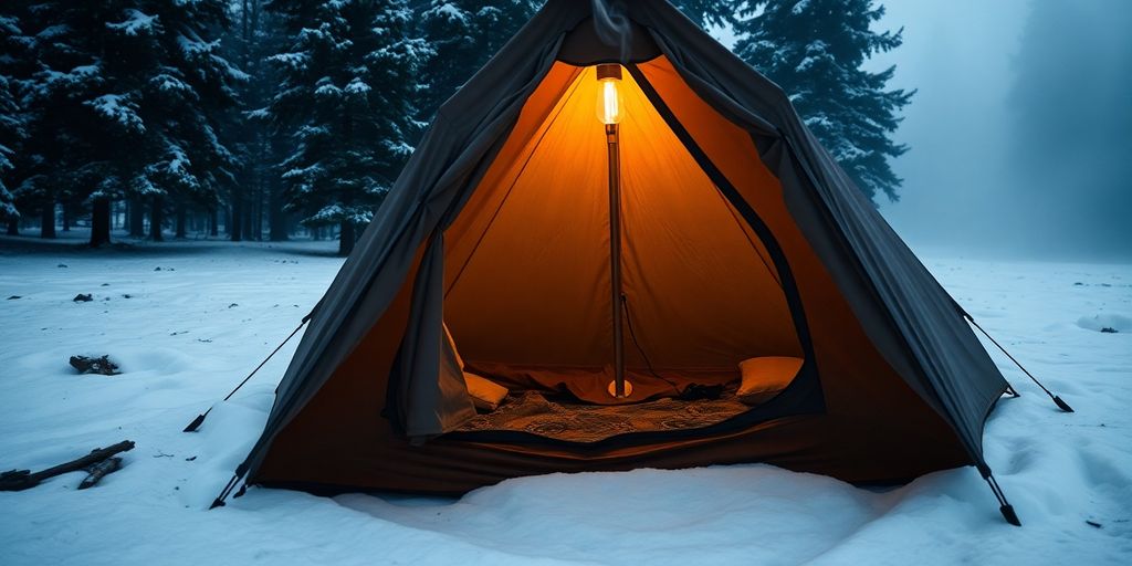 Vintertält med rykande kaminrör i snölandskap